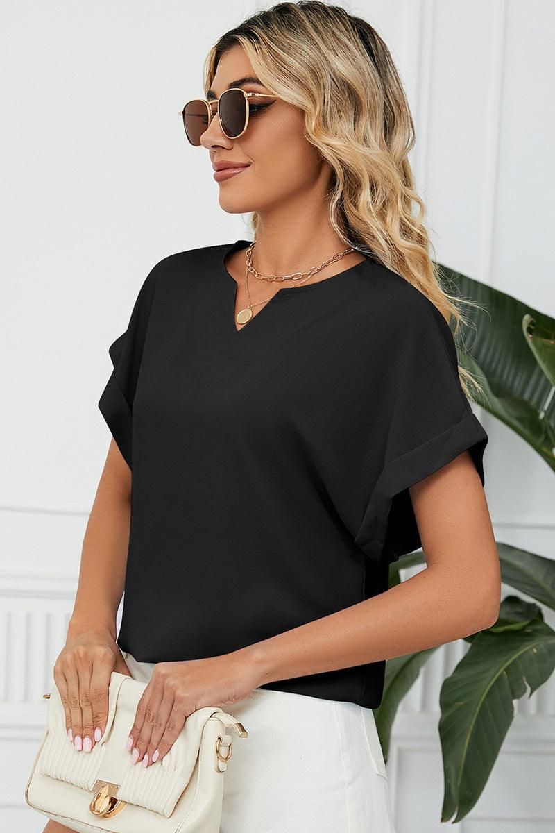 SIMPLE LOOSE FIT ROLL UP SHORT SLEEVE BLOUSE - Doublju