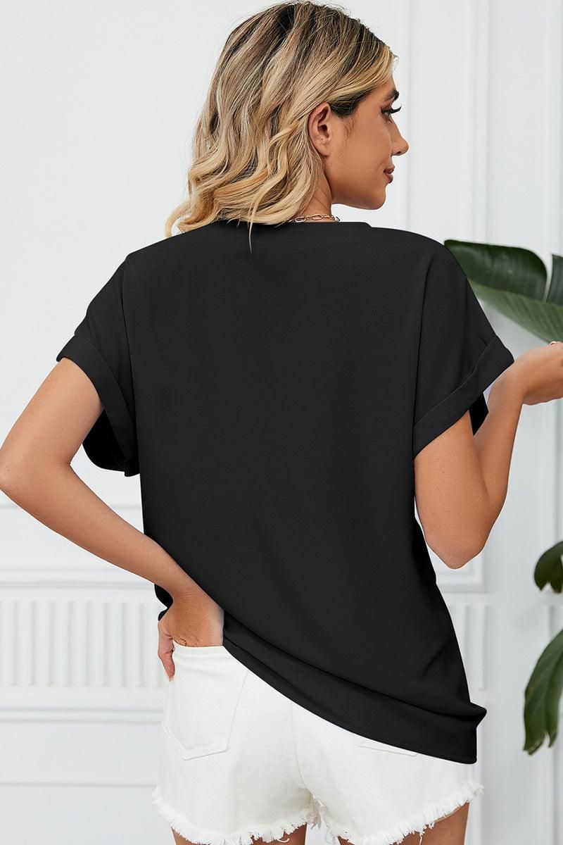 SIMPLE LOOSE FIT ROLL UP SHORT SLEEVE BLOUSE - Doublju