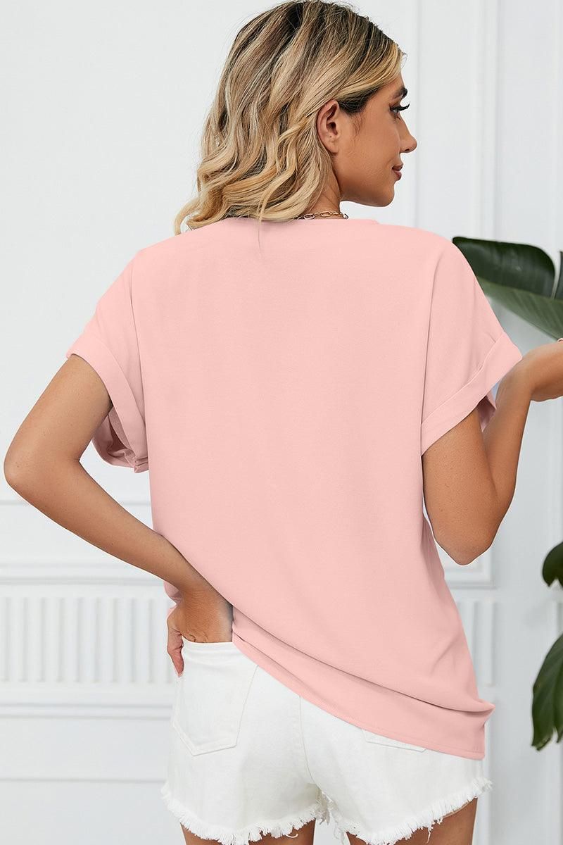 SIMPLE LOOSE FIT ROLL UP SHORT SLEEVE BLOUSE - Doublju