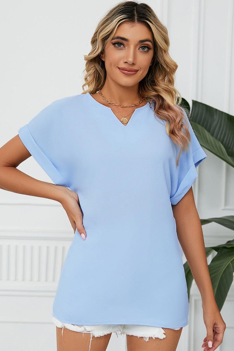 SIMPLE LOOSE FIT ROLL UP SHORT SLEEVE BLOUSE - Doublju