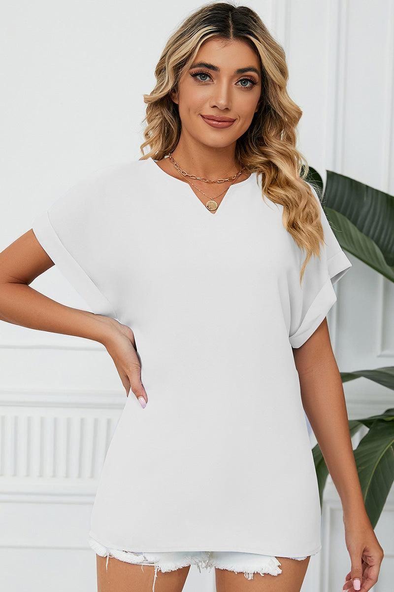SIMPLE LOOSE FIT ROLL UP SHORT SLEEVE BLOUSE - Doublju