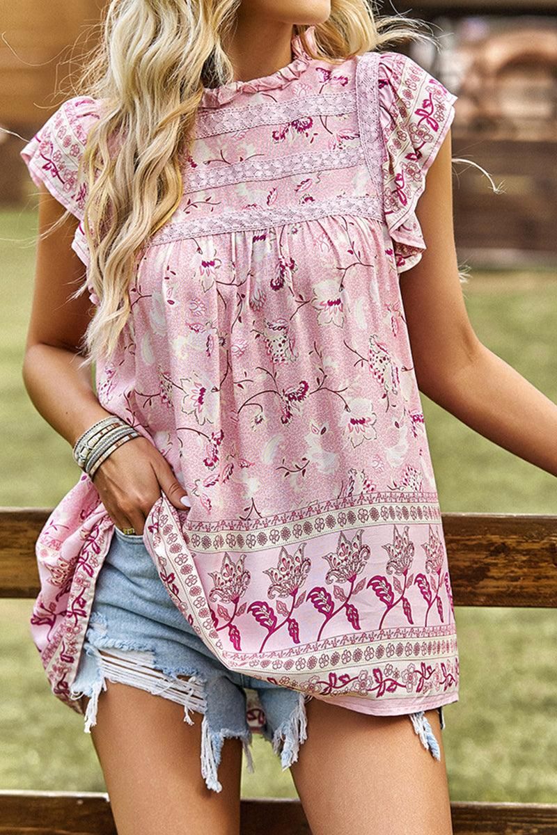 RUFFLED CAP SLEEVES LACE NECK FLORAL TUNIC TOP - Doublju