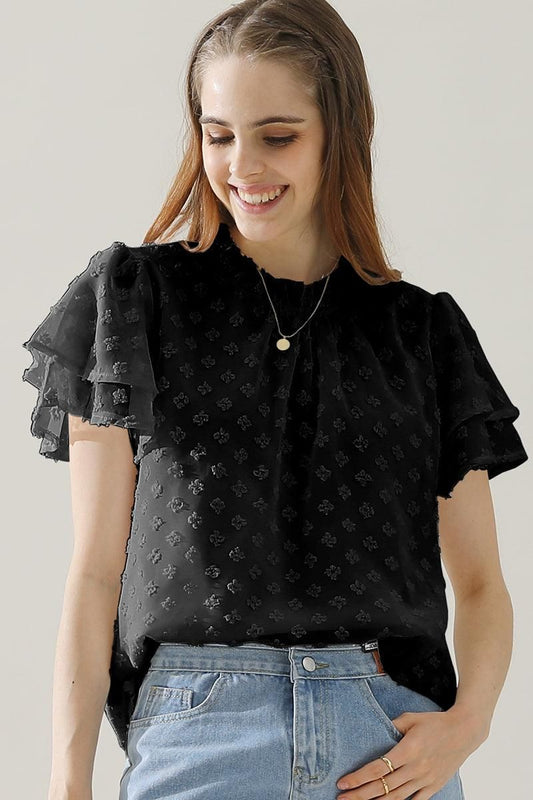 RUFFLED ROUND NECK JACQUARD WEAVE CHIFFON BLOUSE - Doublju