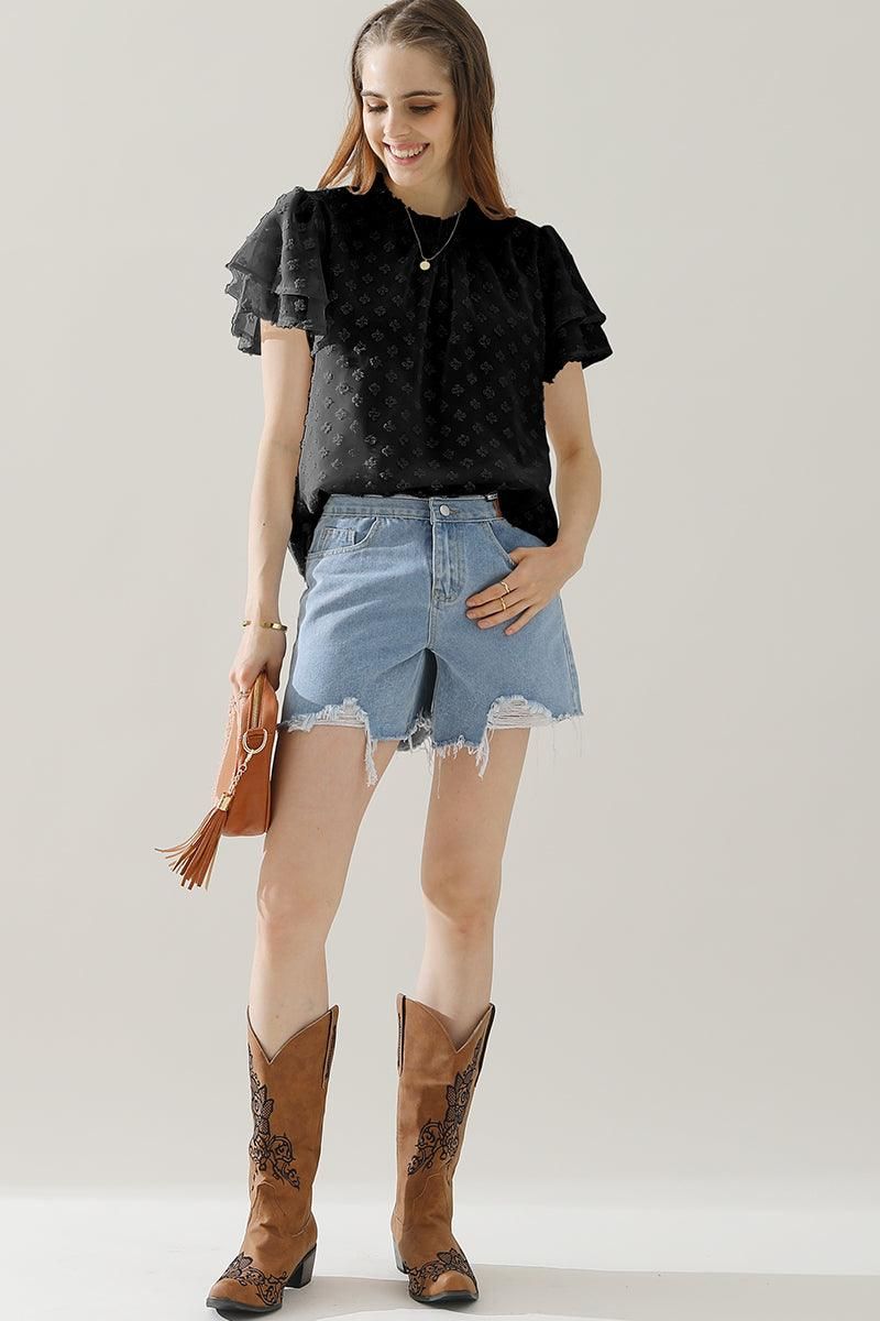 RUFFLED ROUND NECK JACQUARD WEAVE CHIFFON BLOUSE - Doublju