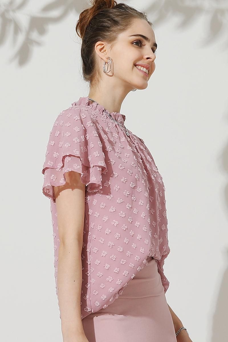 RUFFLED ROUND NECK JACQUARD WEAVE CHIFFON BLOUSE - Doublju