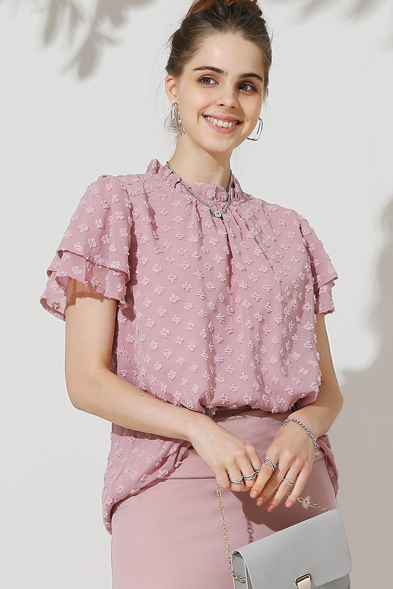RUFFLED ROUND NECK JACQUARD WEAVE CHIFFON BLOUSE - Doublju