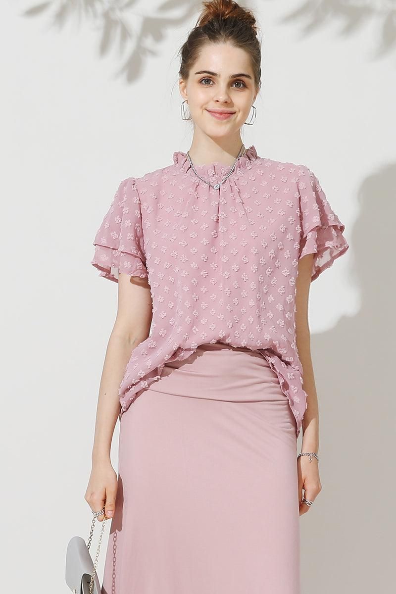 RUFFLED ROUND NECK JACQUARD WEAVE CHIFFON BLOUSE - Doublju