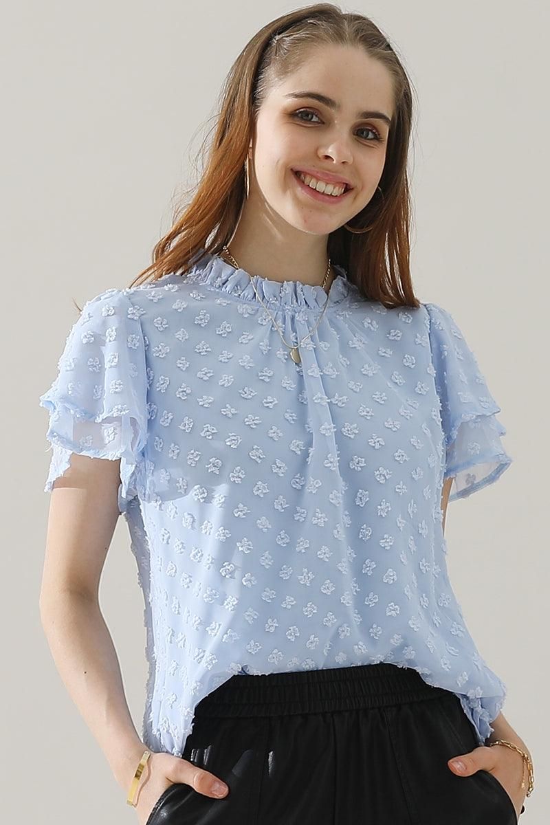 RUFFLED ROUND NECK JACQUARD WEAVE CHIFFON BLOUSE - Doublju