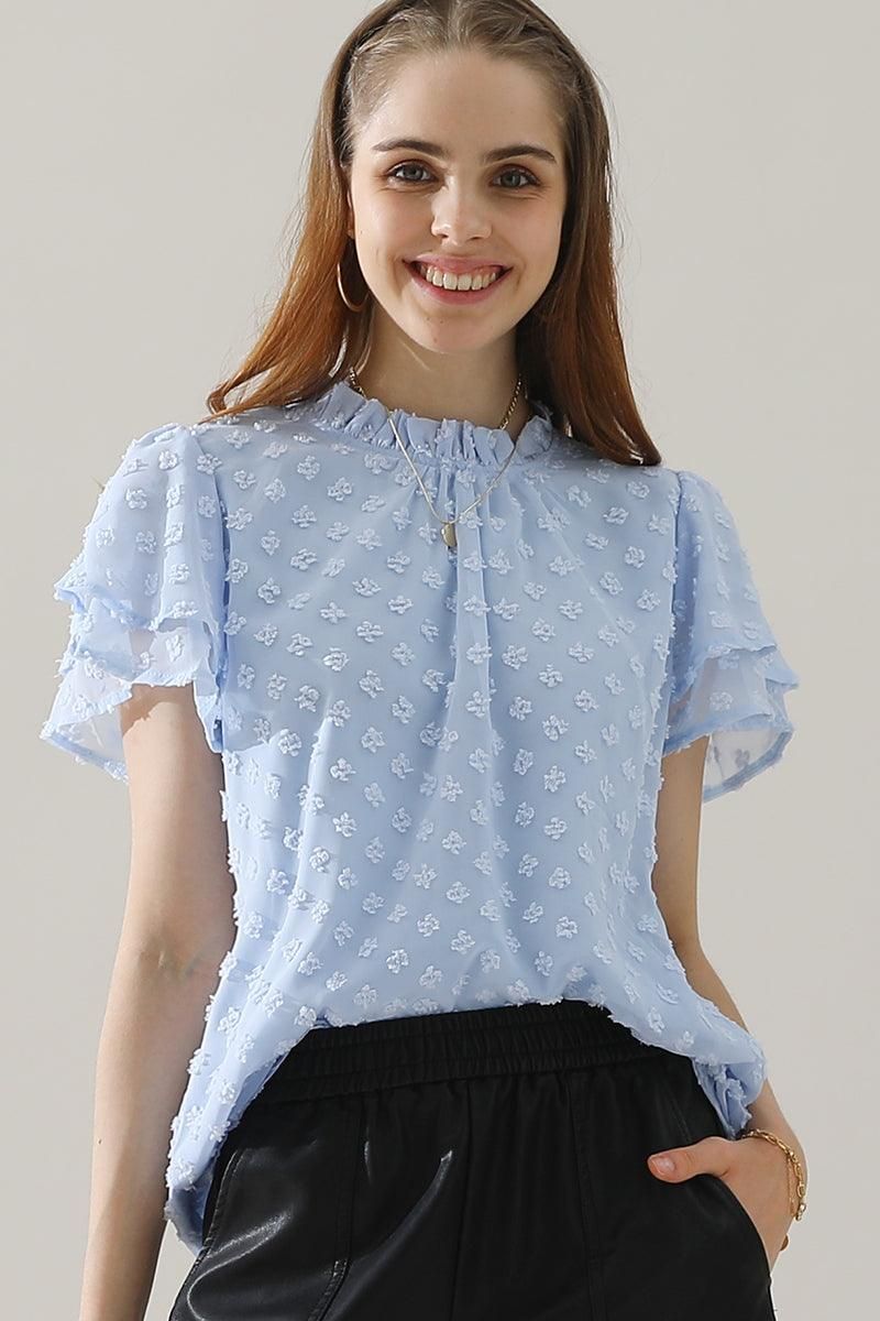 RUFFLED ROUND NECK JACQUARD WEAVE CHIFFON BLOUSE - Doublju