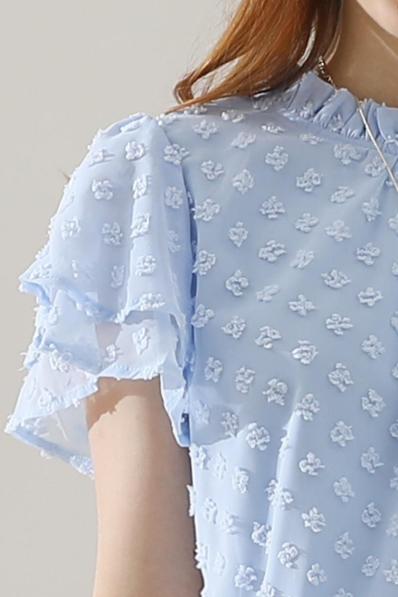 RUFFLED ROUND NECK JACQUARD WEAVE CHIFFON BLOUSE - Doublju