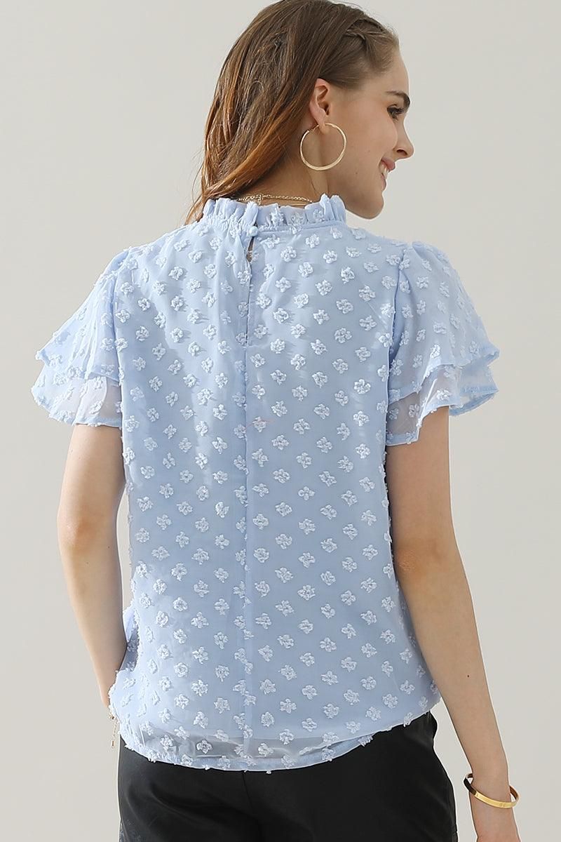 RUFFLED ROUND NECK JACQUARD WEAVE CHIFFON BLOUSE - Doublju