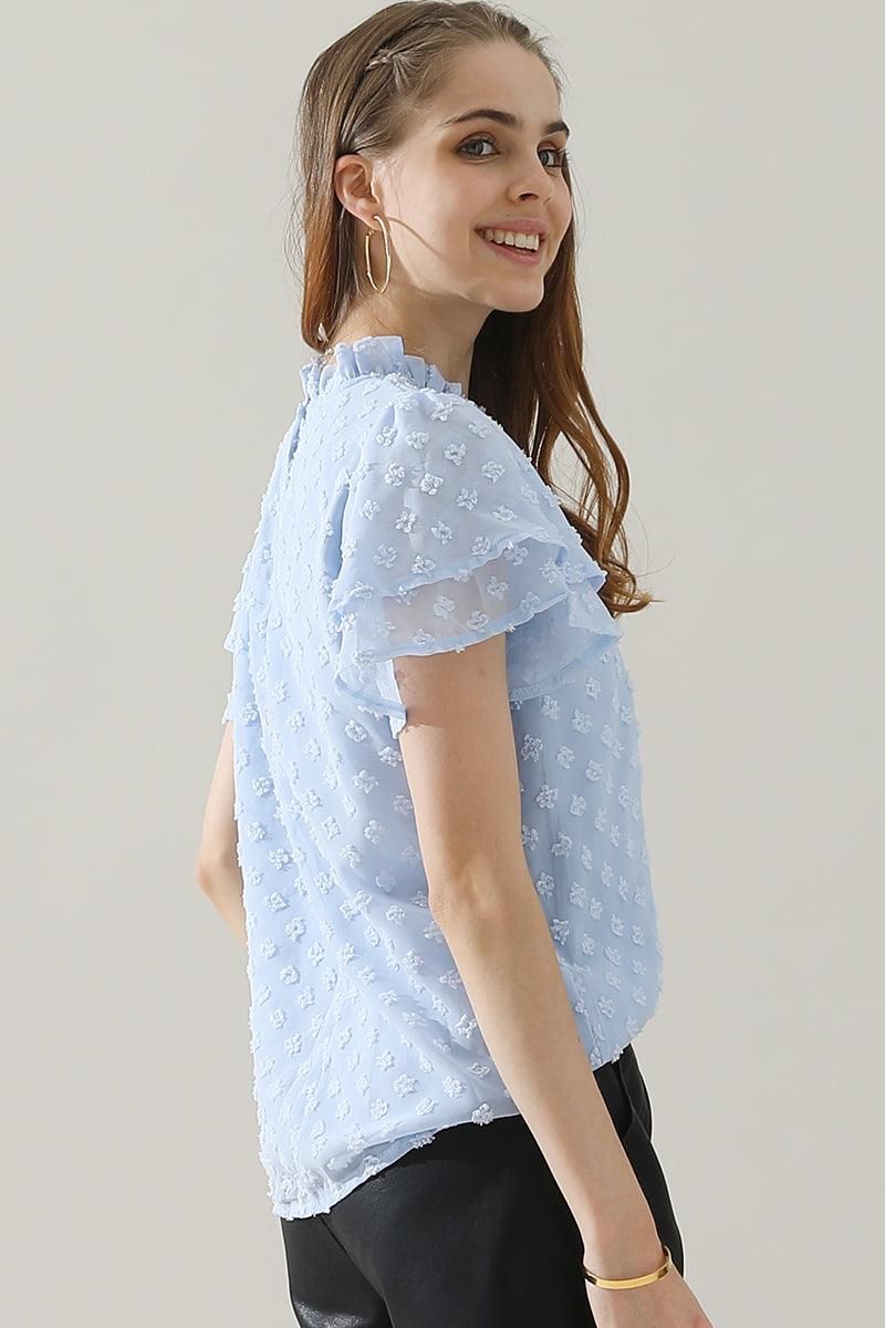 RUFFLED ROUND NECK JACQUARD WEAVE CHIFFON BLOUSE - Doublju