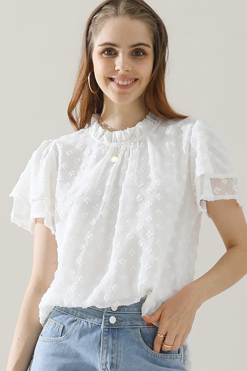 RUFFLED ROUND NECK JACQUARD WEAVE CHIFFON BLOUSE - Doublju