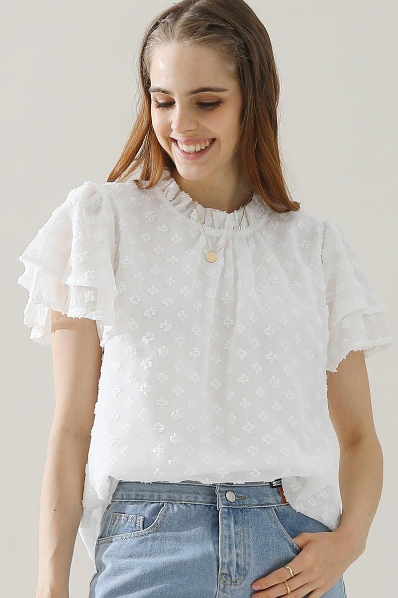 RUFFLED ROUND NECK JACQUARD WEAVE CHIFFON BLOUSE - Doublju