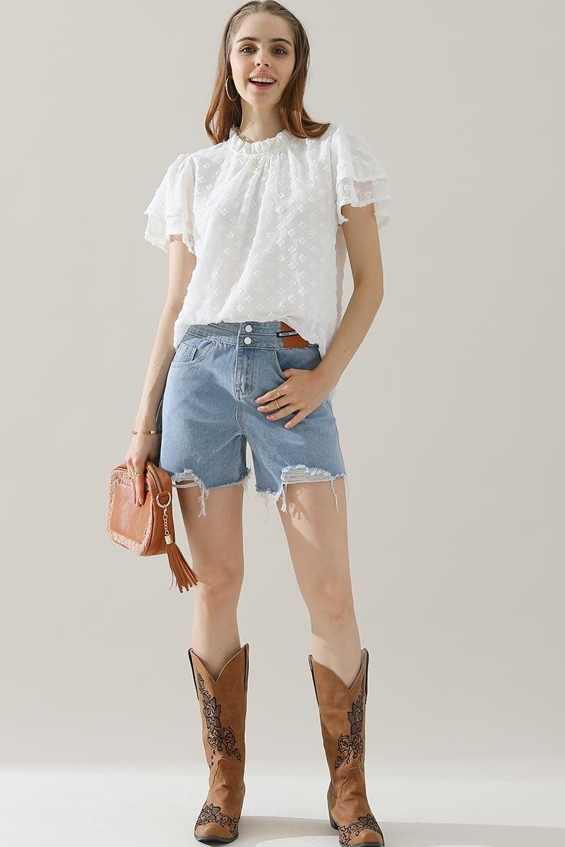 RUFFLED ROUND NECK JACQUARD WEAVE CHIFFON BLOUSE - Doublju