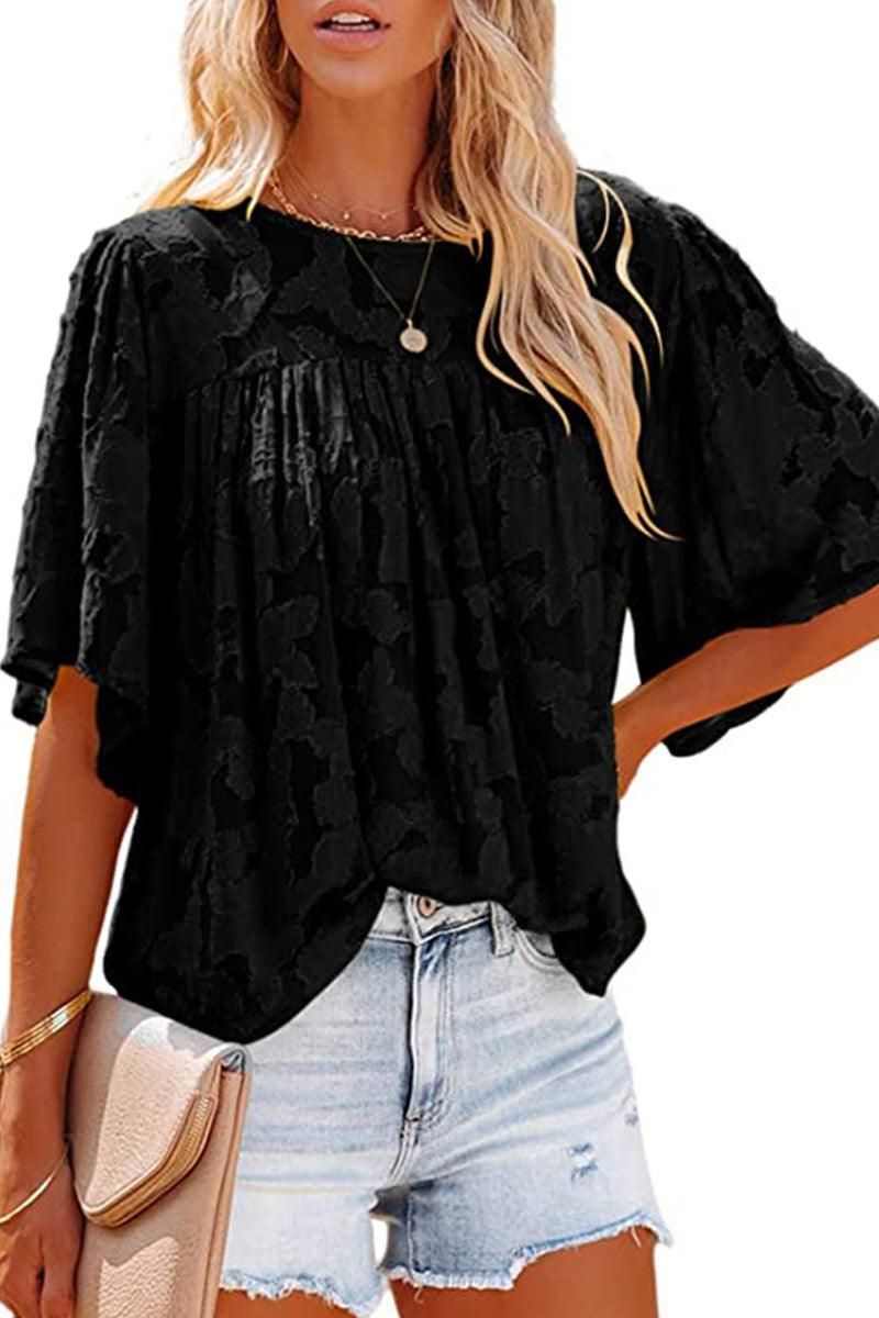 SHORT BELL SLEEVE LACE CUT OUT RUFFLED CHIFFON TOP - Doublju