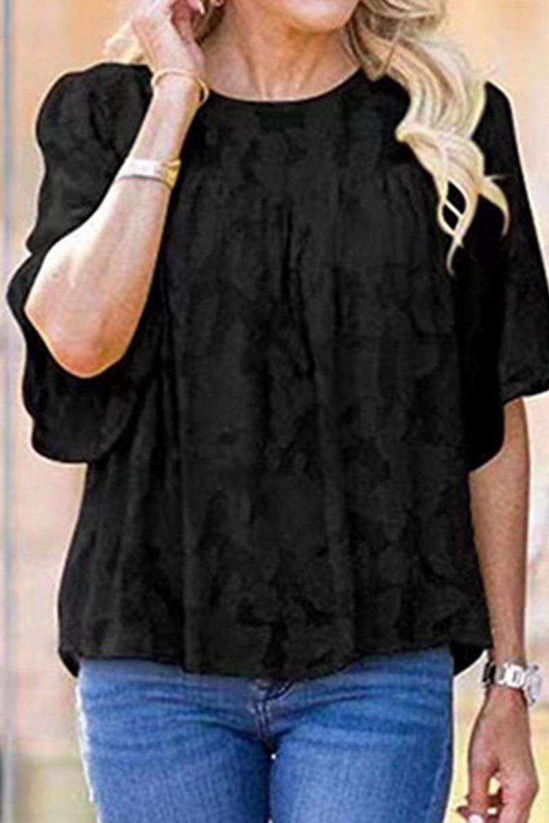 SHORT BELL SLEEVE LACE CUT OUT RUFFLED CHIFFON TOP - Doublju