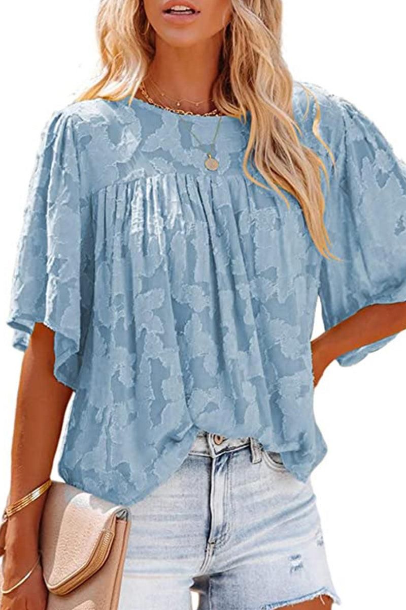 SHORT BELL SLEEVE LACE CUT OUT RUFFLED CHIFFON TOP - Doublju