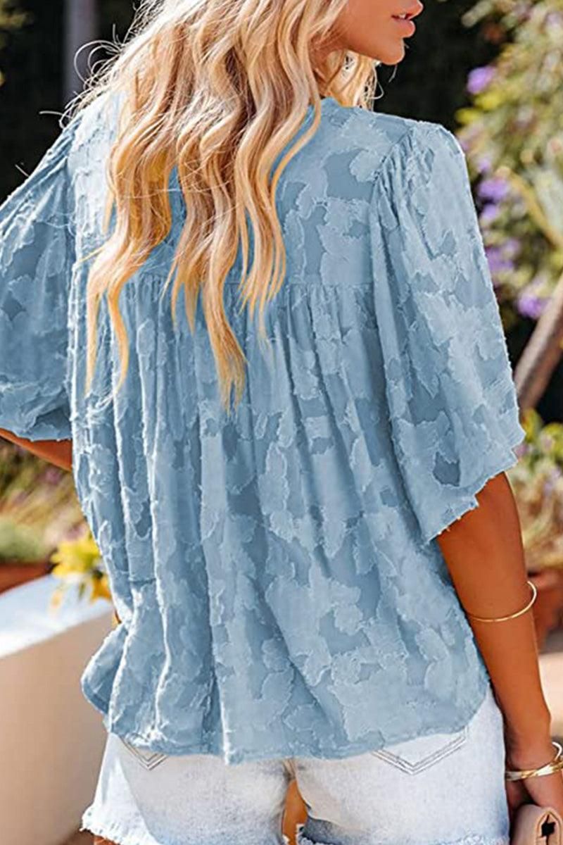 SHORT BELL SLEEVE LACE CUT OUT RUFFLED CHIFFON TOP - Doublju