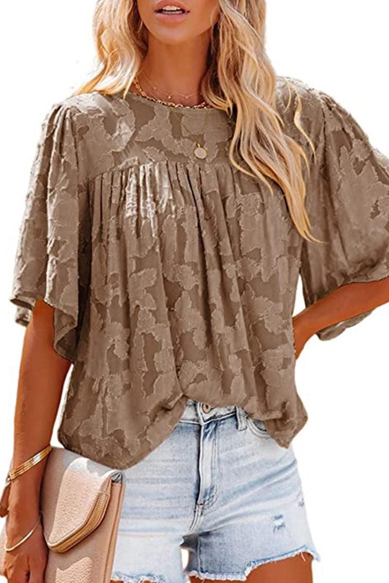 SHORT BELL SLEEVE LACE CUT OUT RUFFLED CHIFFON TOP - Doublju