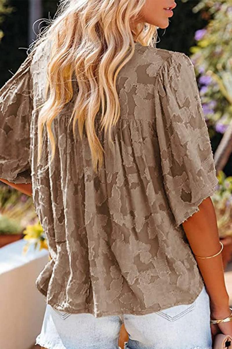 SHORT BELL SLEEVE LACE CUT OUT RUFFLED CHIFFON TOP - Doublju