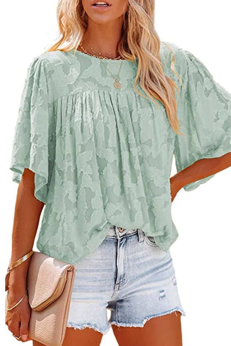 SHORT BELL SLEEVE LACE CUT OUT RUFFLED CHIFFON TOP - Doublju