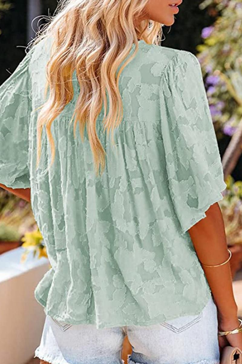SHORT BELL SLEEVE LACE CUT OUT RUFFLED CHIFFON TOP - Doublju