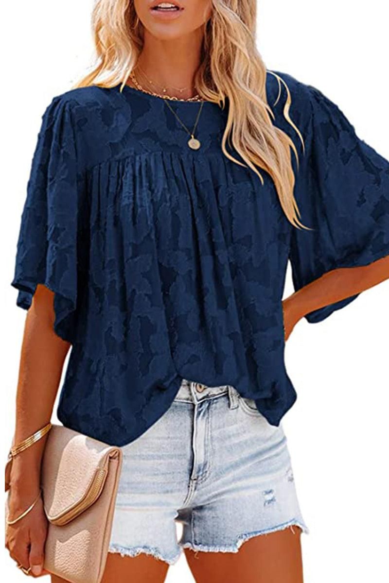 SHORT BELL SLEEVE LACE CUT OUT RUFFLED CHIFFON TOP - Doublju