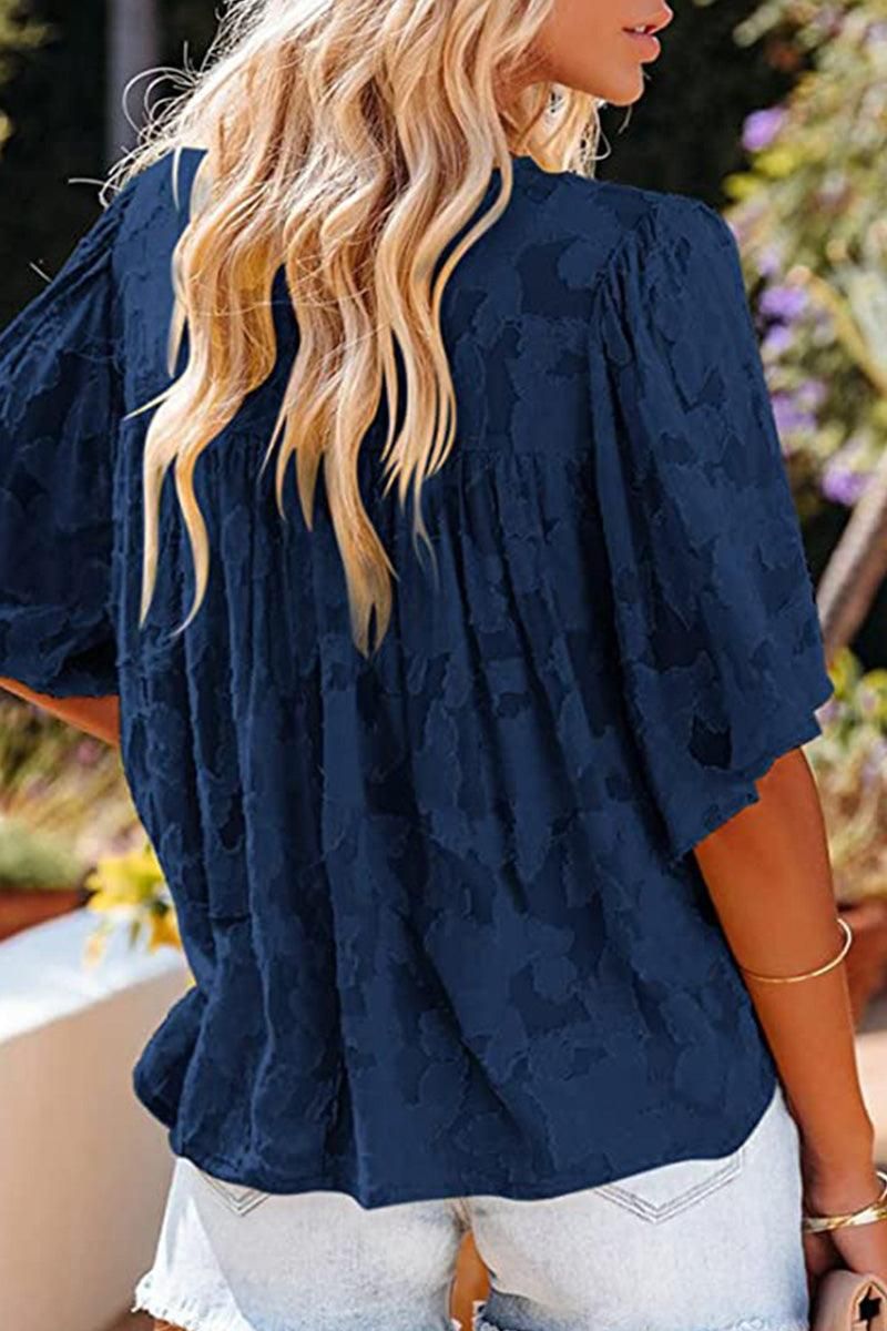 SHORT BELL SLEEVE LACE CUT OUT RUFFLED CHIFFON TOP - Doublju