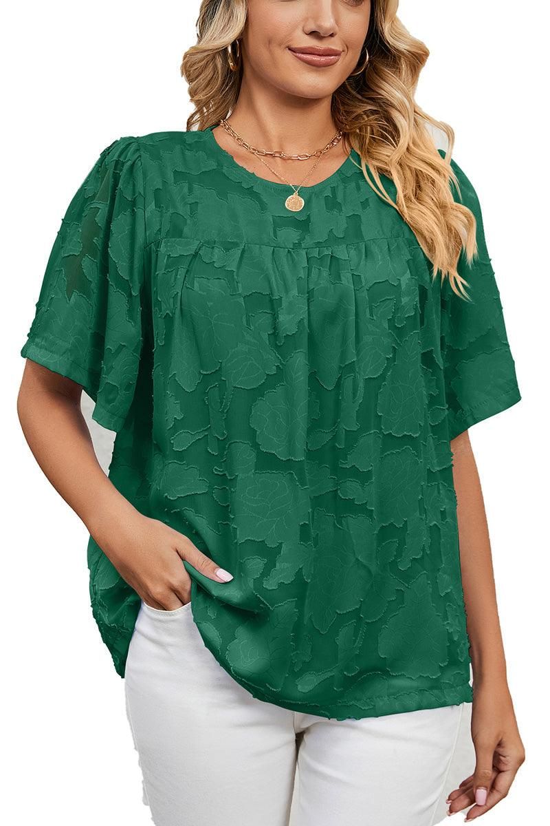 SHORT BELL SLEEVE LACE CUT OUT RUFFLED CHIFFON TOP - Doublju