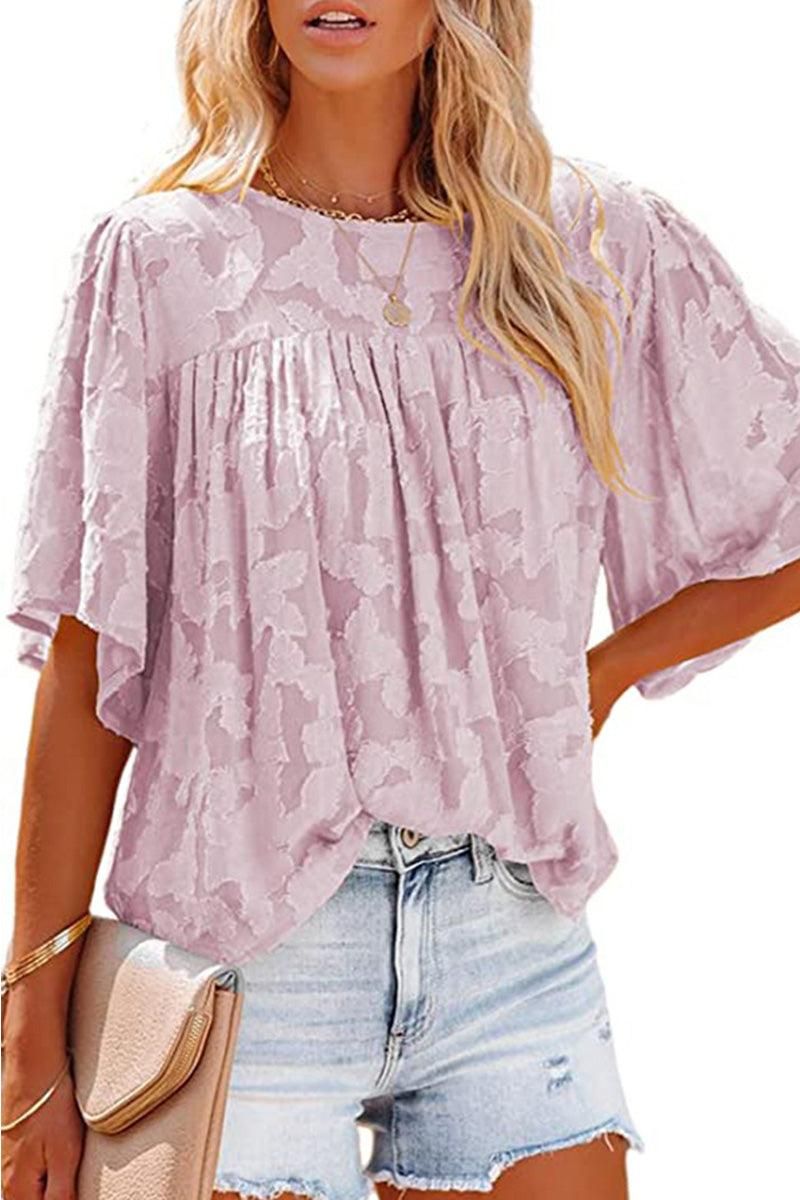 SHORT BELL SLEEVE LACE CUT OUT RUFFLED CHIFFON TOP - Doublju