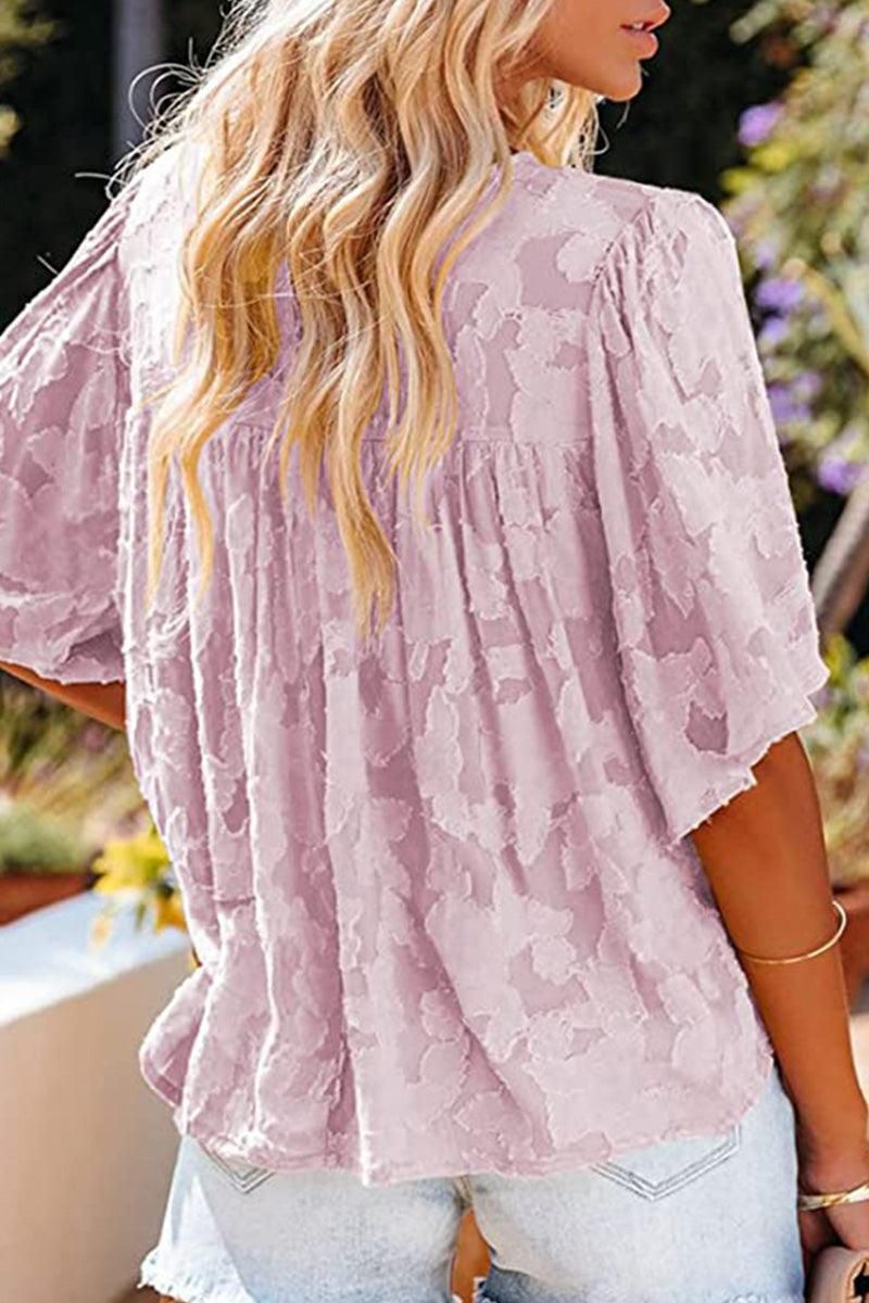 SHORT BELL SLEEVE LACE CUT OUT RUFFLED CHIFFON TOP - Doublju