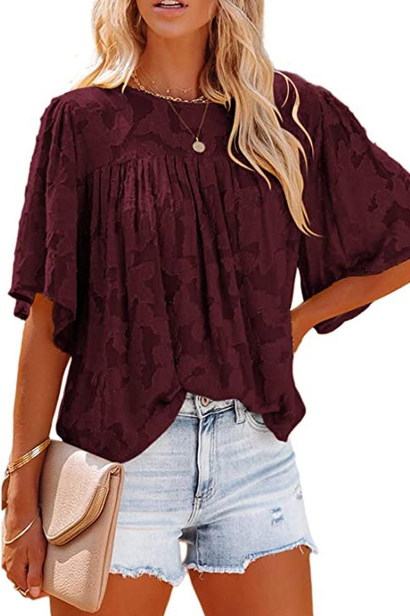 SHORT BELL SLEEVE LACE CUT OUT RUFFLED CHIFFON TOP - Doublju