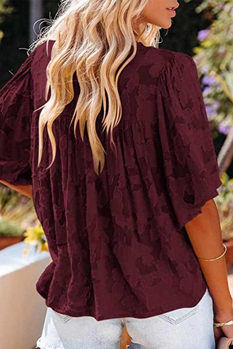 SHORT BELL SLEEVE LACE CUT OUT RUFFLED CHIFFON TOP - Doublju
