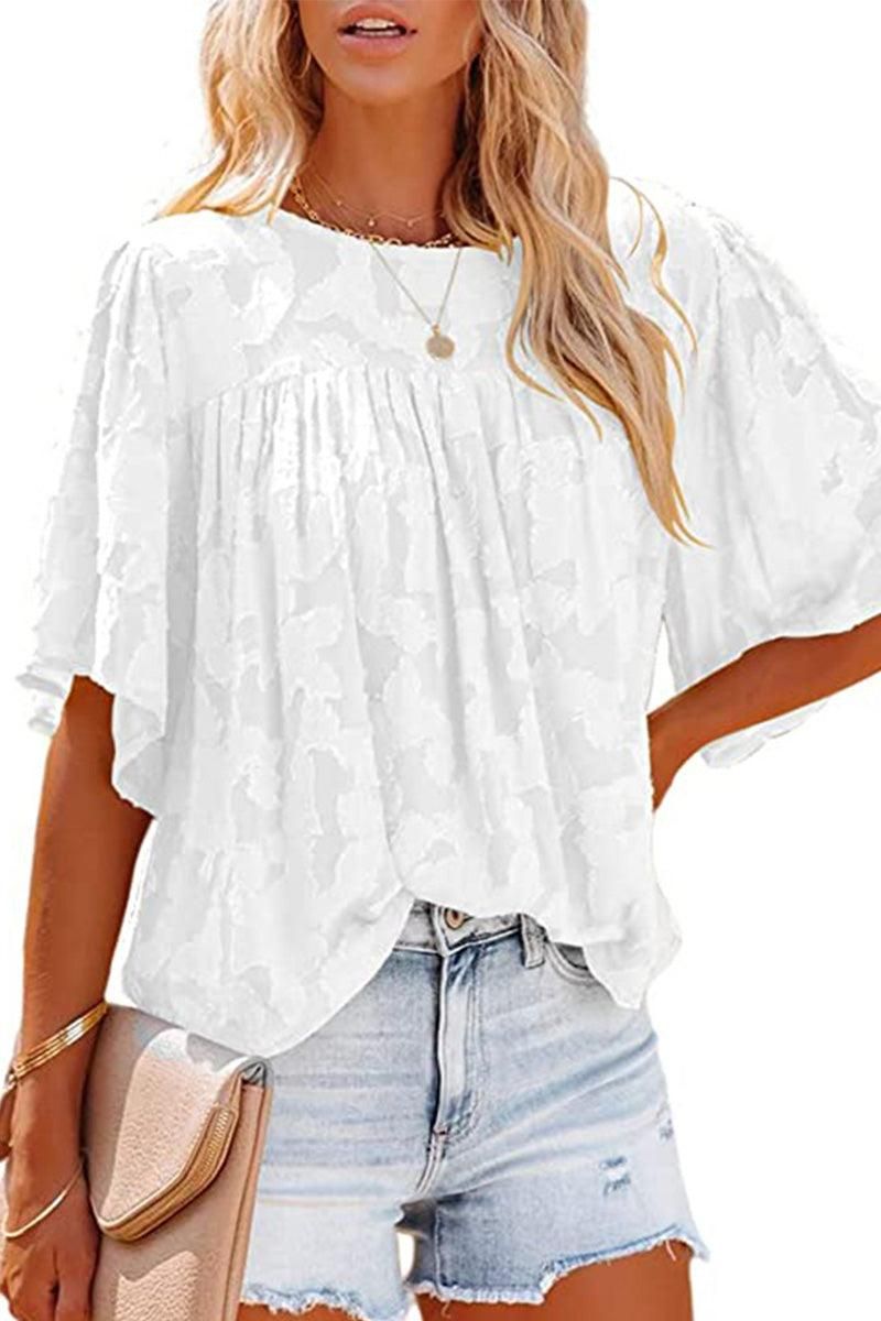 SHORT BELL SLEEVE LACE CUT OUT RUFFLED CHIFFON TOP - Doublju