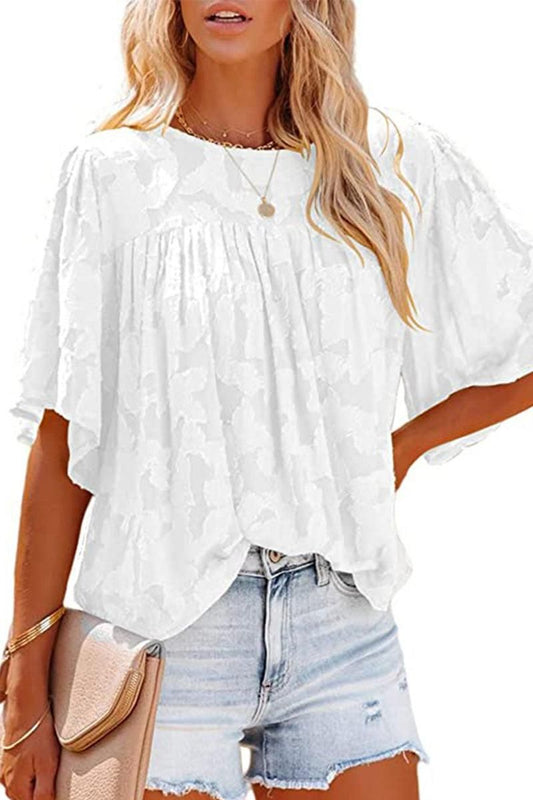SHORT BELL SLEEVE LACE CUT OUT RUFFLED CHIFFON TOP - Doublju