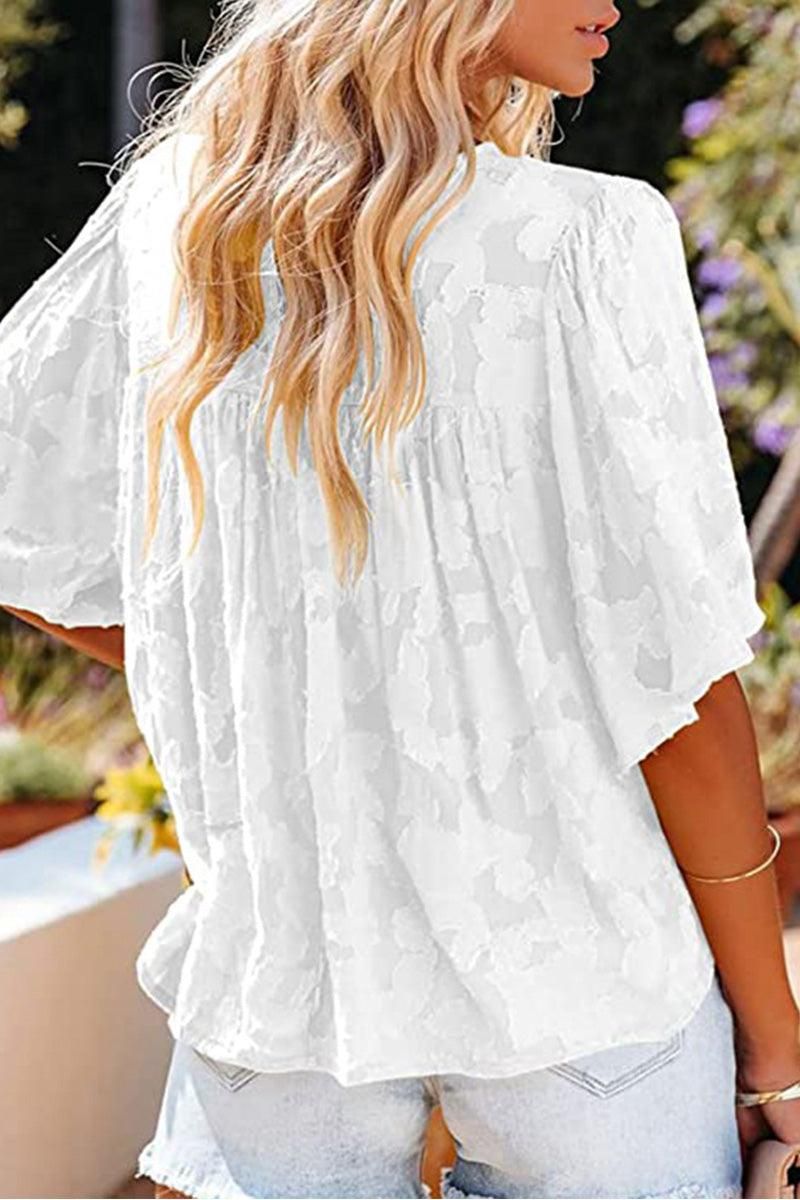 SHORT BELL SLEEVE LACE CUT OUT RUFFLED CHIFFON TOP - Doublju