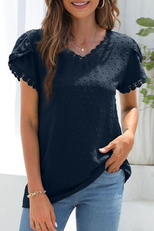 CHIFFON DOT TULIP SLEEVE LACE POINT TOP - Doublju