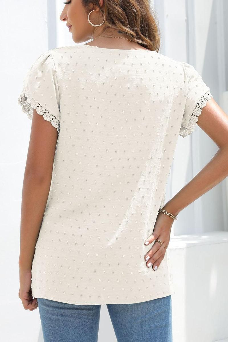 CHIFFON DOT TULIP SLEEVE LACE POINT TOP - Doublju