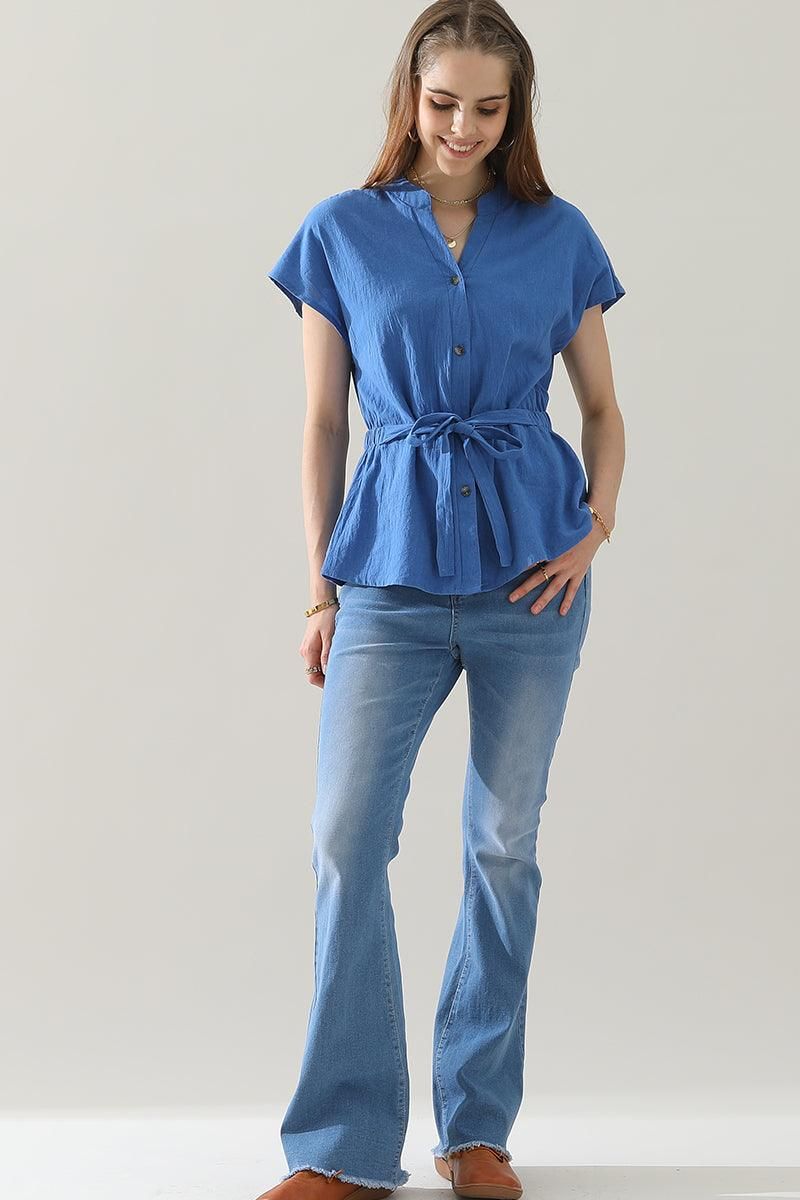 BELTED WAIST BUTTON UP COTTON SHIRTS - Doublju