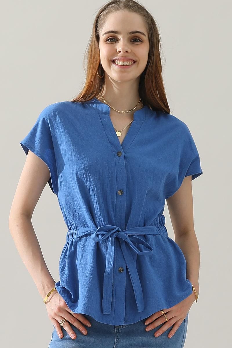 BELTED WAIST BUTTON UP COTTON SHIRTS - Doublju