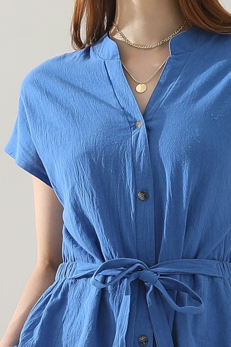 BELTED WAIST BUTTON UP COTTON SHIRTS - Doublju