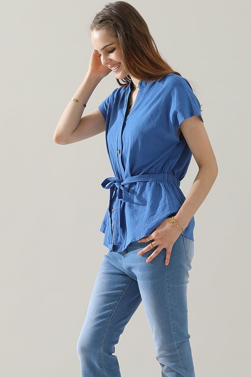 BELTED WAIST BUTTON UP COTTON SHIRTS - Doublju