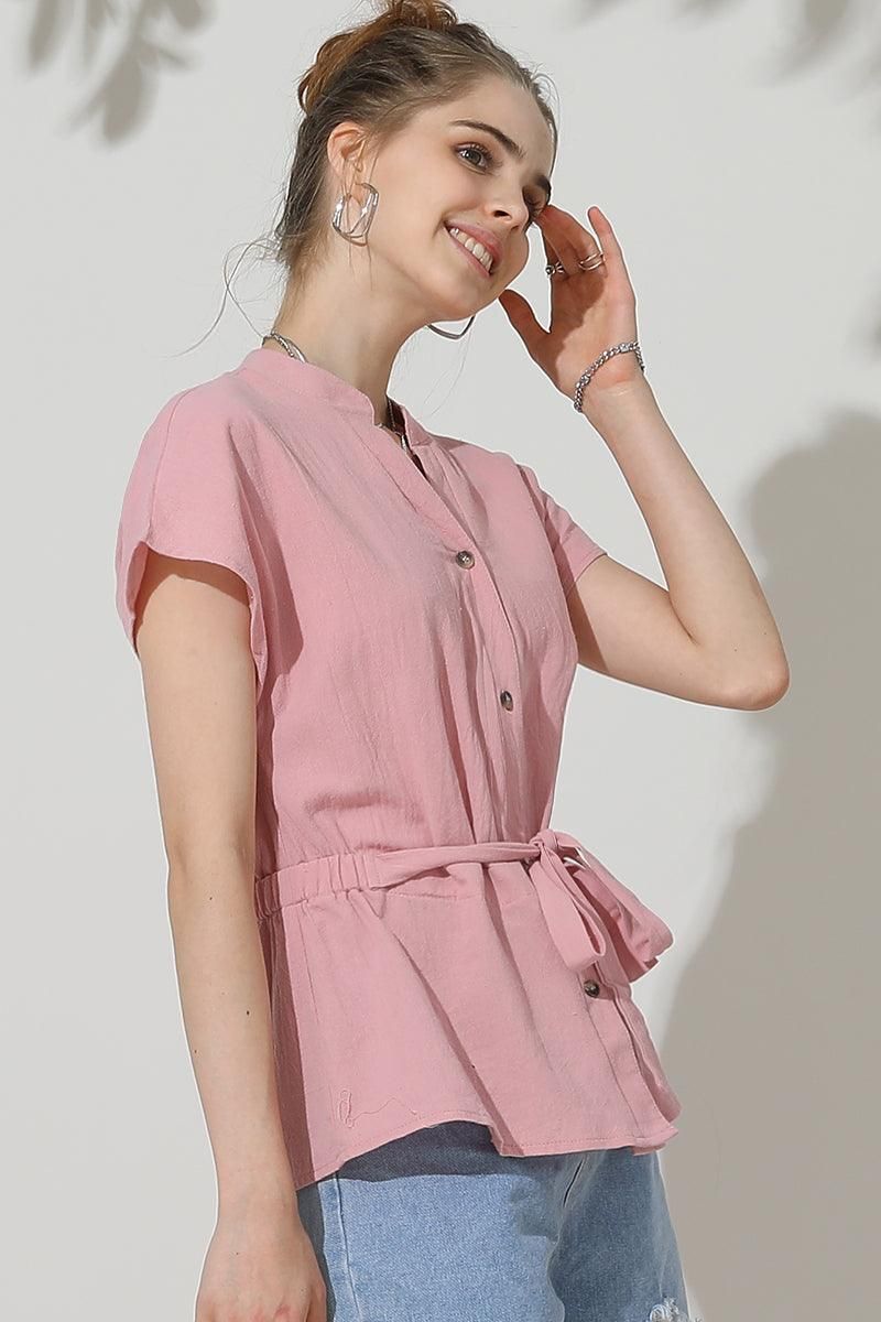 BELTED WAIST BUTTON UP COTTON SHIRTS - Doublju