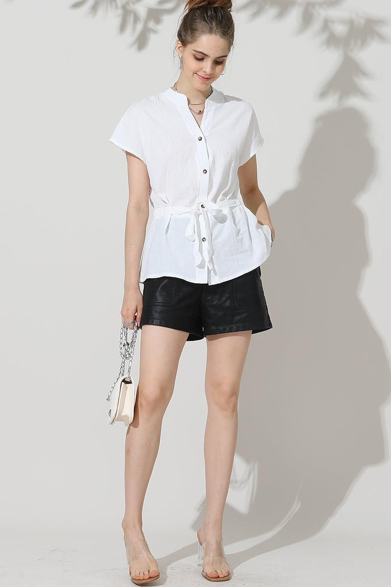 BELTED WAIST BUTTON UP COTTON SHIRTS - Doublju