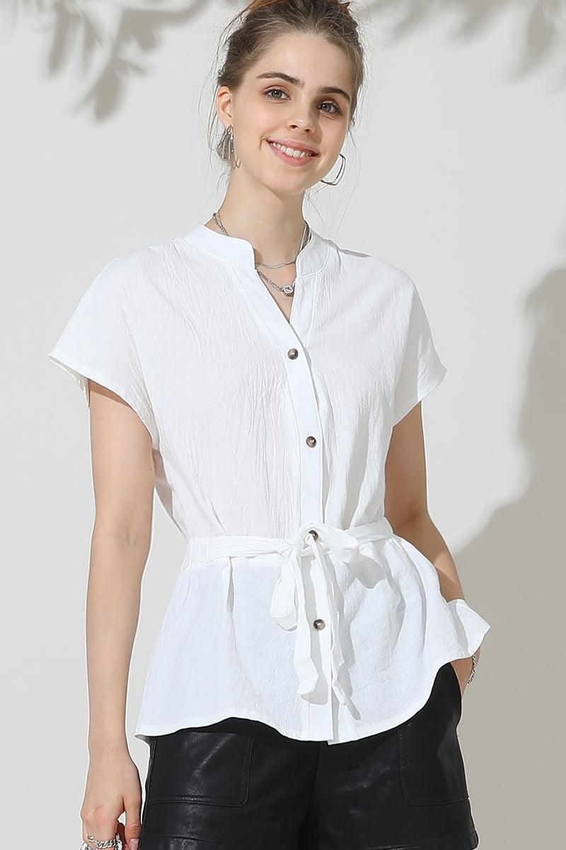 BELTED WAIST BUTTON UP COTTON SHIRTS - Doublju