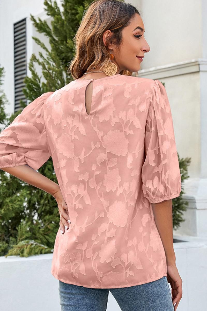 CHIFFON PUFF SLEEVE FLOWER LACE CUT OUT LOOSE TOP - Doublju