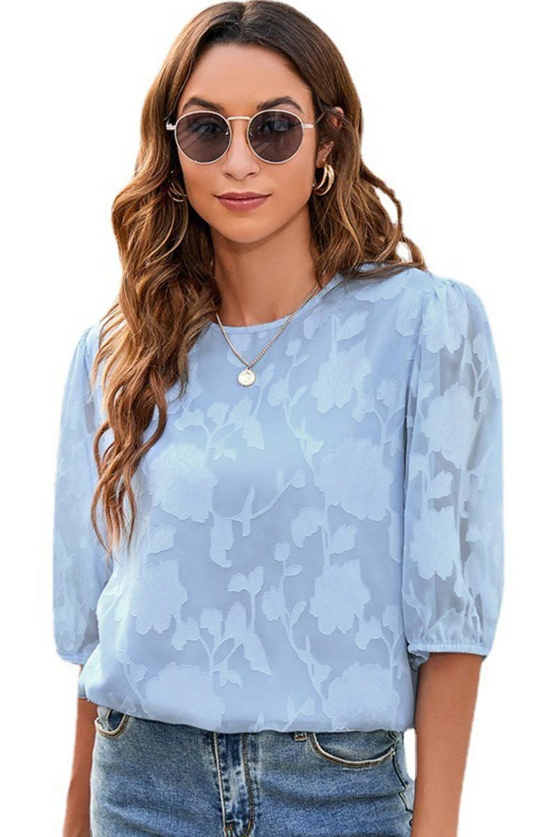CHIFFON PUFF SLEEVE FLOWER LACE CUT OUT LOOSE TOP - Doublju