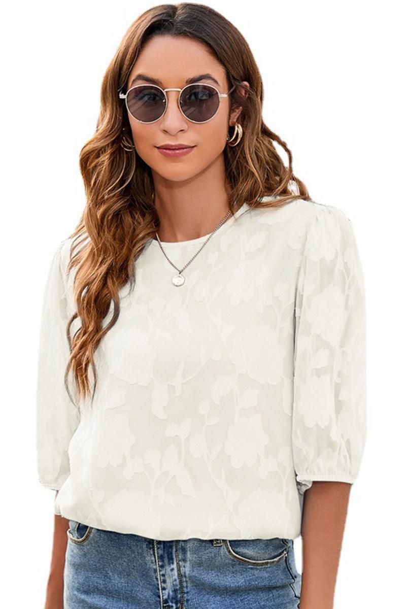 CHIFFON PUFF SLEEVE FLOWER LACE CUT OUT LOOSE TOP - Doublju