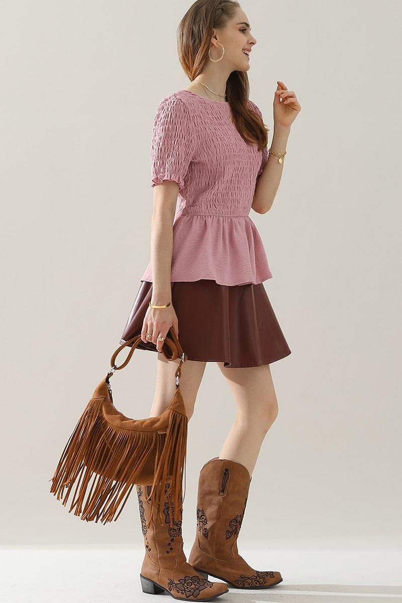 SMOKED RUFFLE SHORT SLEEVE TUNIC TOP - Doublju